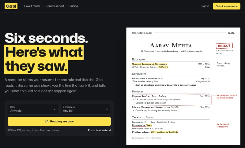 Gapl: a recruiter's read of a résumé with red-pen marks