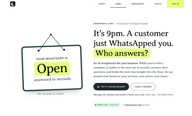 Deepanshu Labs WhatsApp AI receptionist: your WhatsApp is open, answered in seconds