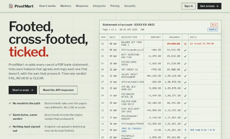 ProofMart: annotated bank statement with verification ticks